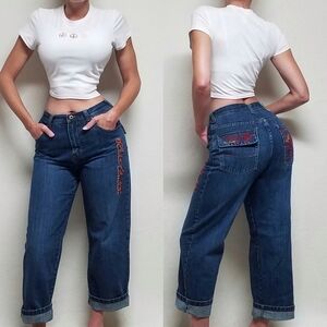 Vintage 90s Ecko Mid Wash Red Flame Embroidered High Rise Cropped Wide Leg Jeans